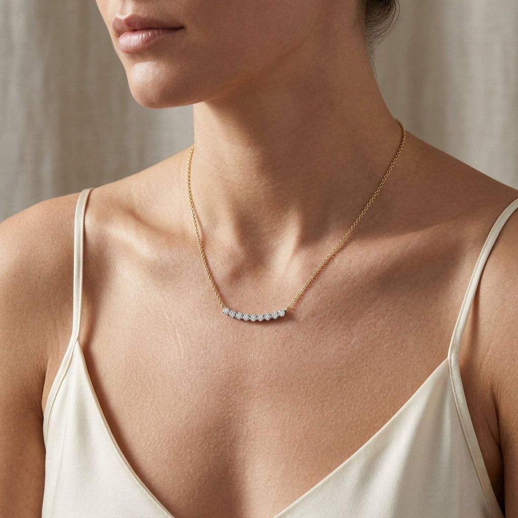 Gabriel & Co. 14K White and Yellow Gold White Sapphire Bar Necklace .25CTW - worn lifestyle photo