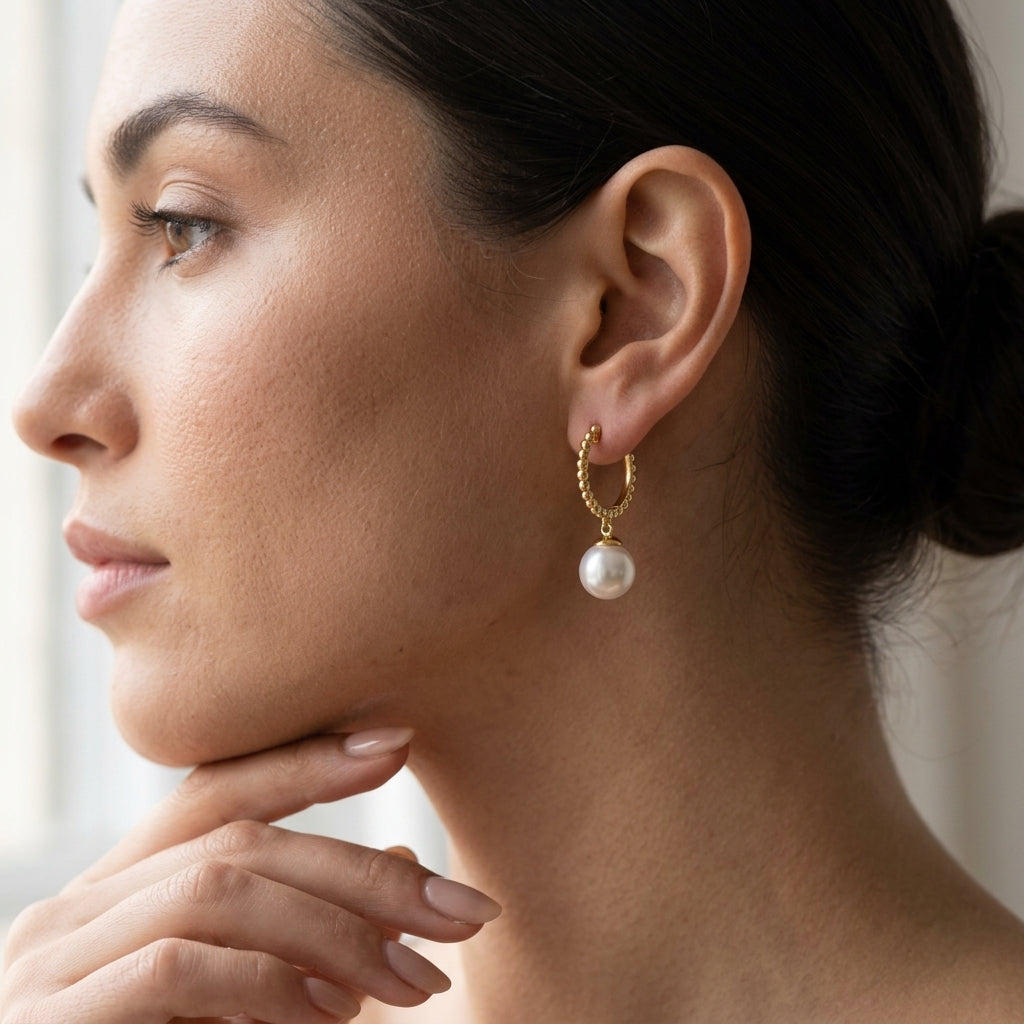 Gabriel & Co. 14K Yellow Gold Bujukan Pearl Huggie Drop Earrings - worn lifestyle photo