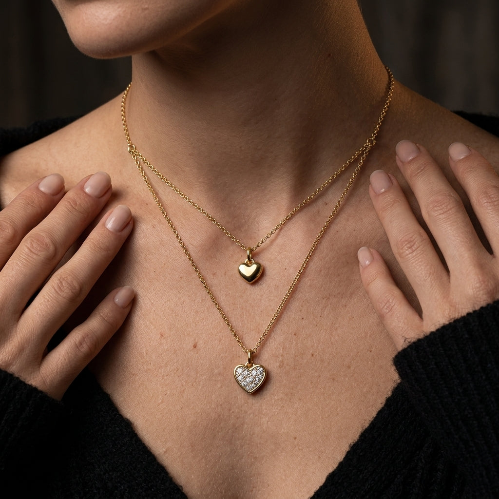 Gabriel & Co. 14K Yellow Gold Diamond Double Heart Pendant Necklace .06CTW - worn lifestyle photo