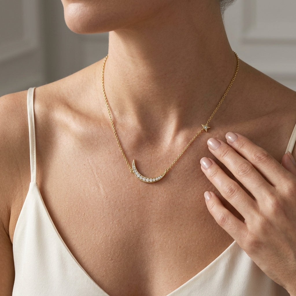 Gabriel & Co. 14K Yellow Gold Crescent Moon Diamond Pendant Necklace .12CTW - worn lifestyle photo