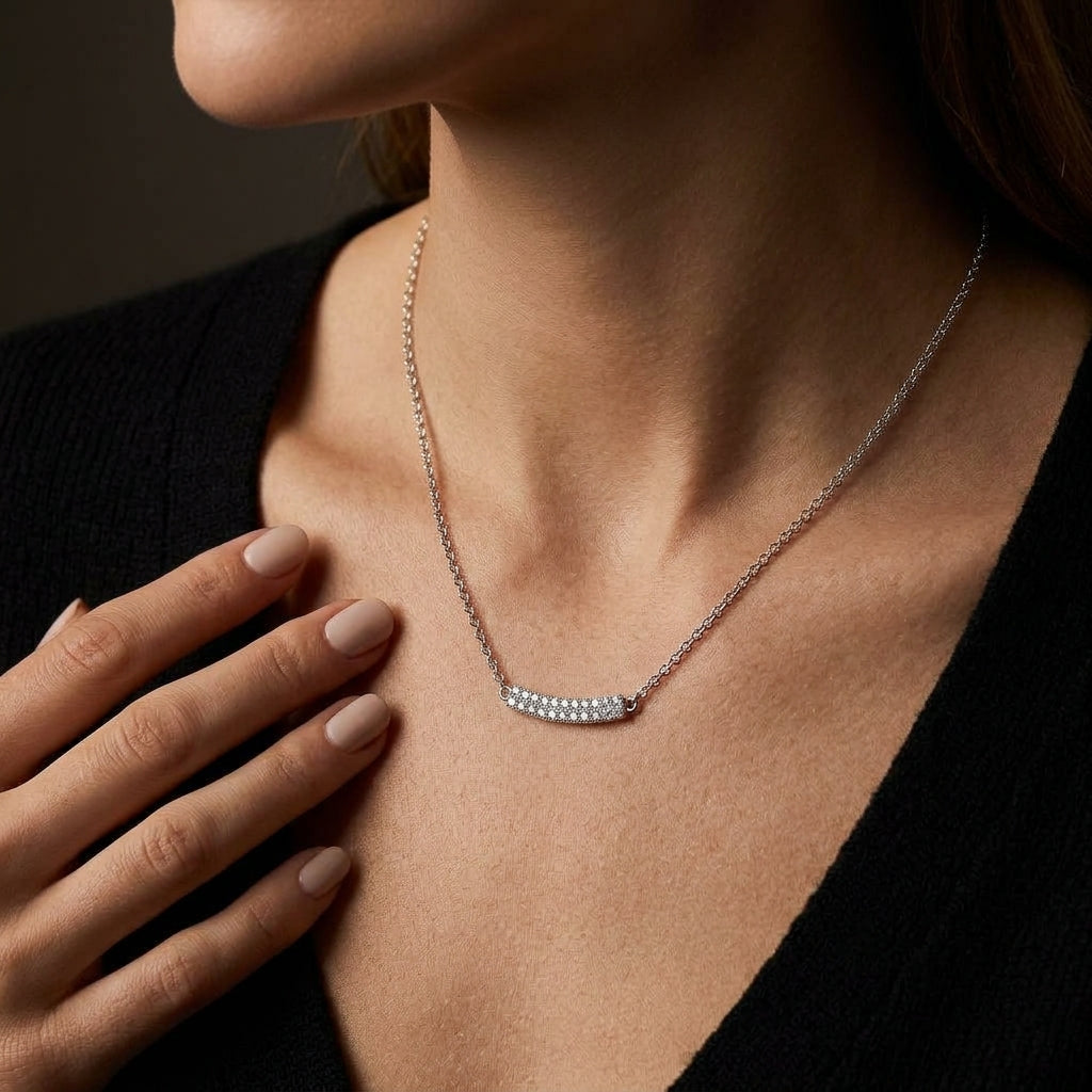 Gabriel & Co. 14K White Gold Curved Pave Diamond Bar Necklace .11CTW - worn lifestyle photo