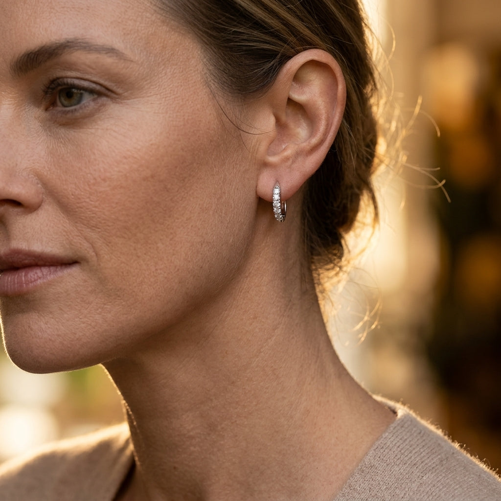 Gabriel & Co. 14K White Gold Classic Round 15mm Diamond Huggie Earrings .22CTW - worn lifestyle photo