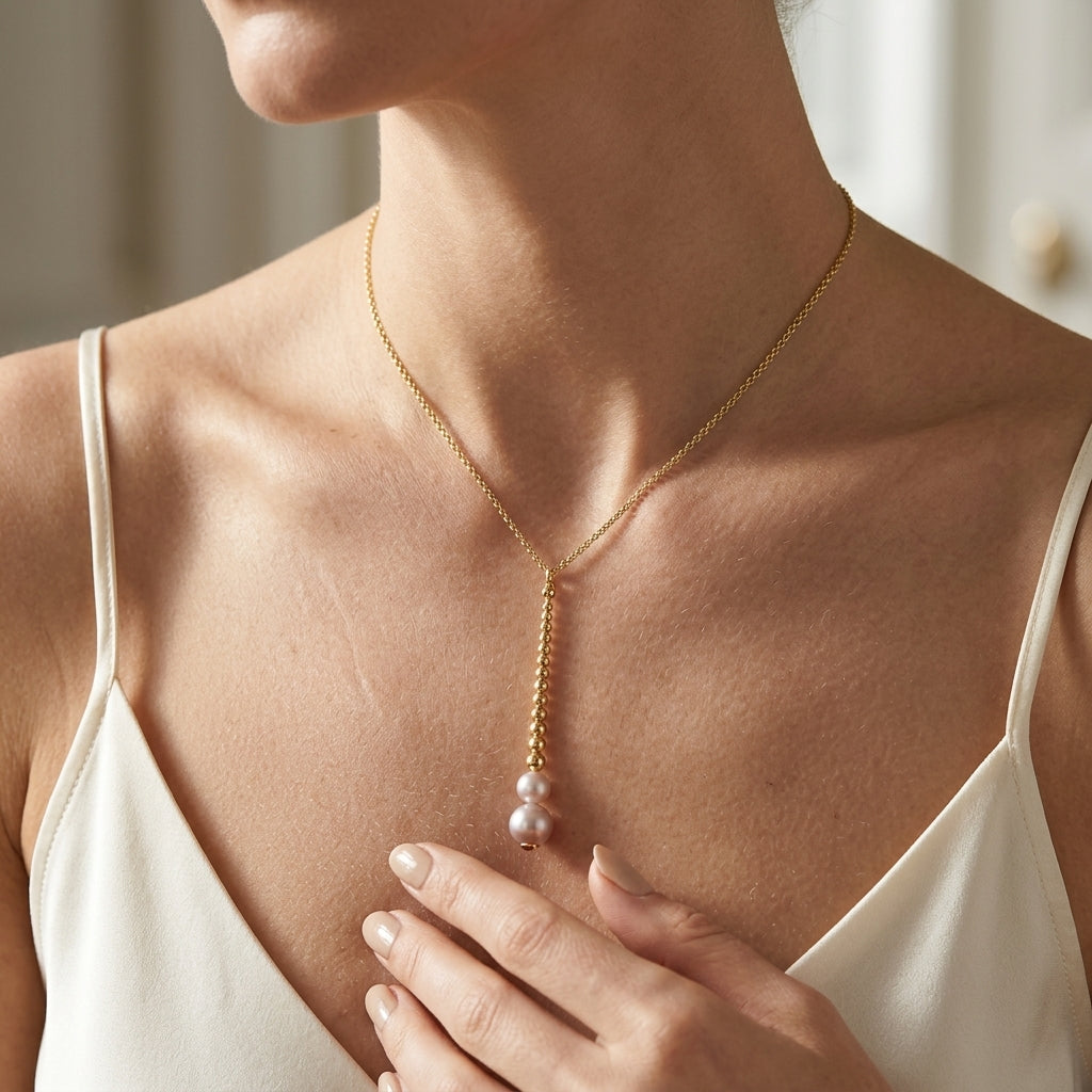 Gabriel & Co. 14K Yellow Gold Bujukan Pearl Drop Necklace - worn lifestyle photo