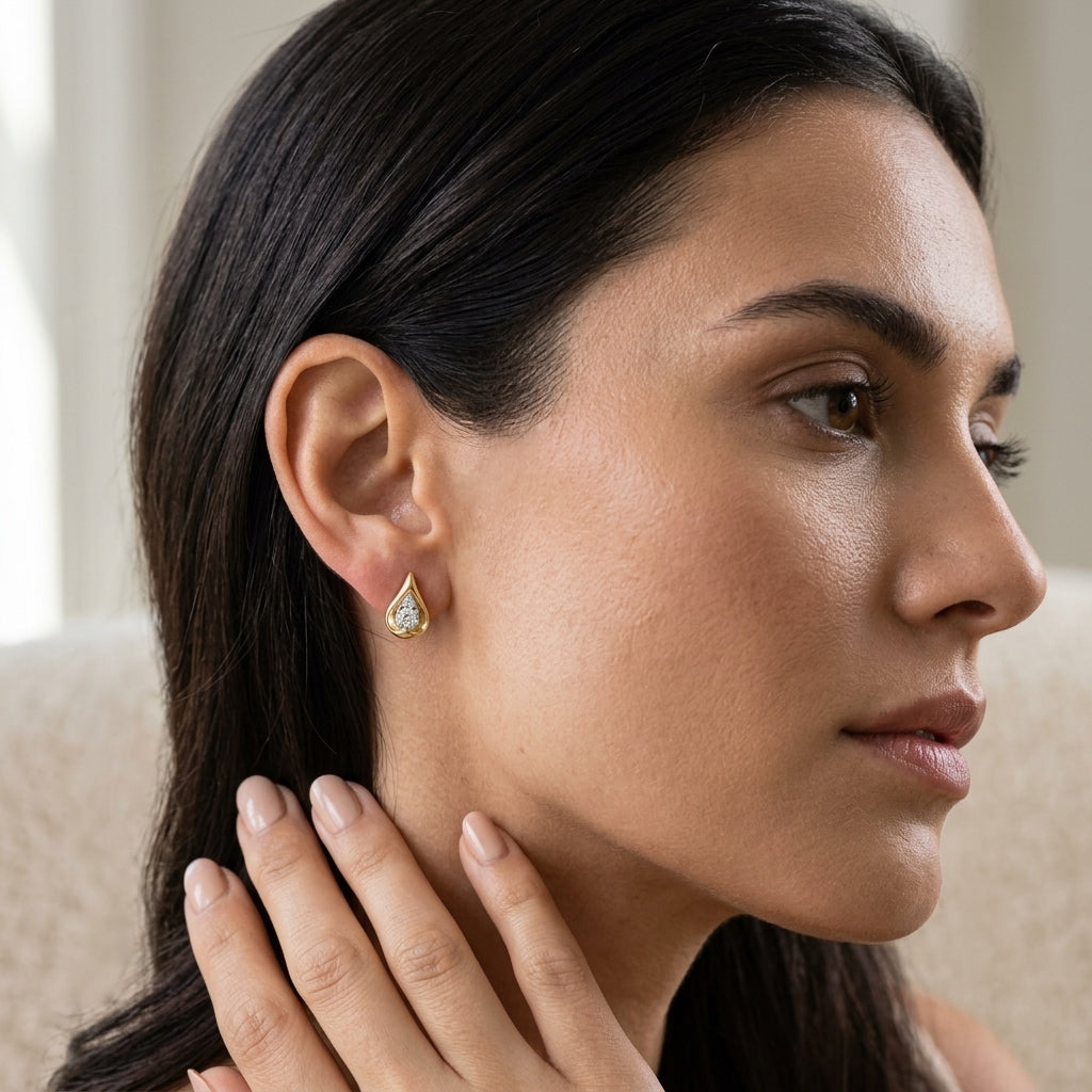 Gabriel & Co. Fiora - 14K White and Yellow Gold Diamond Teardrop Stud Earrings .23CTW - worn lifestyle photo