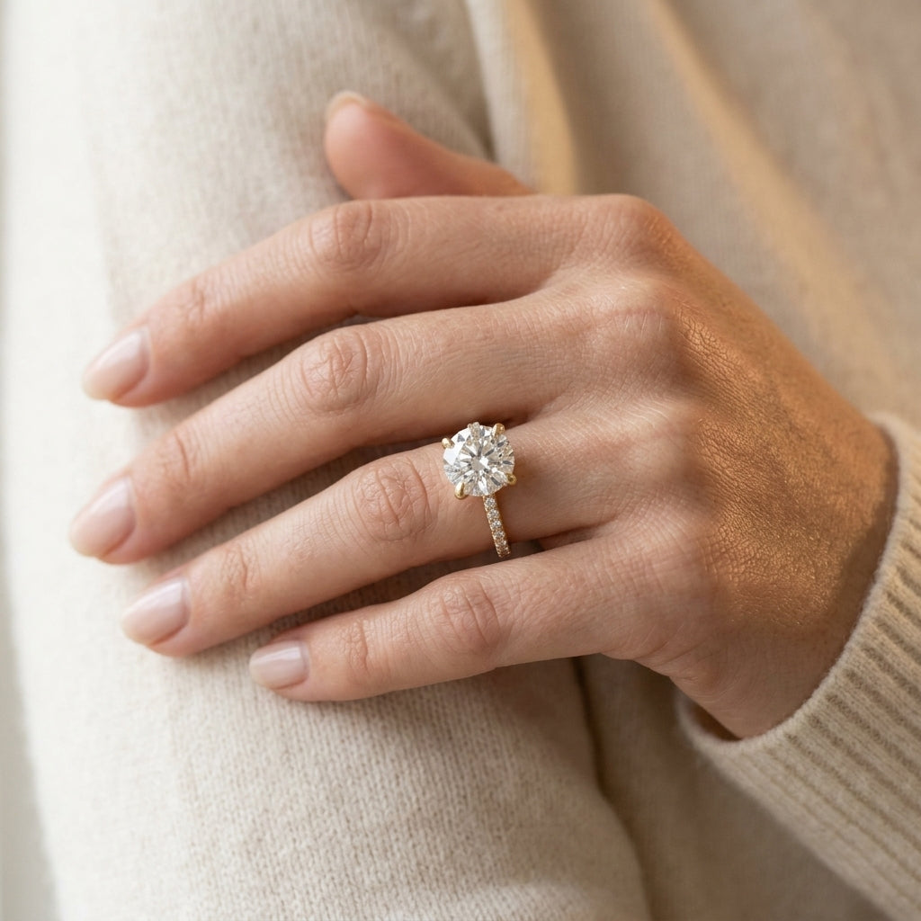 Gabriel & Co. Lorenzo - 14K Yellow Gold Round Diamond Engagement Ring 2.50Ct Ctr Semi 9X7.2 .23CTW - worn lifestyle photo