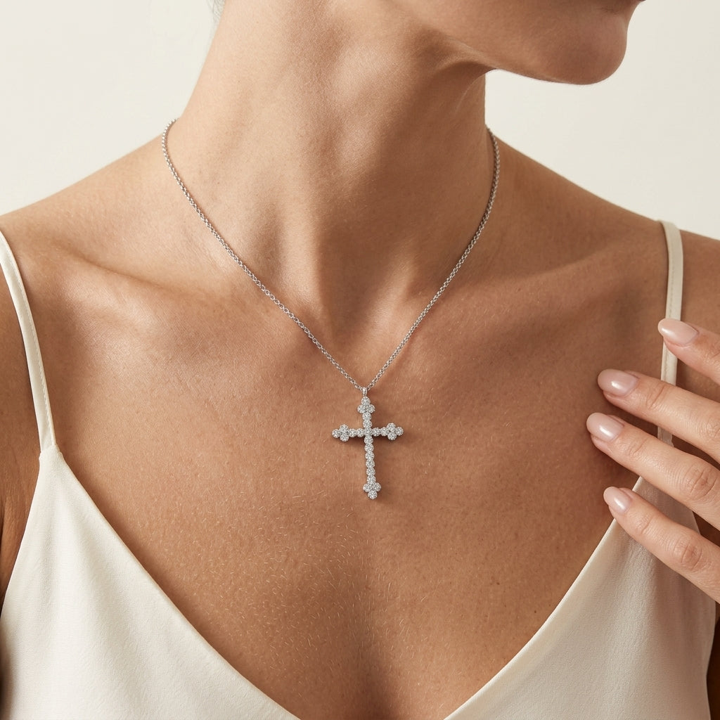 Gabriel & Co. 14K White Gold Diamond Cross Pendant Necklace 1/4CTW - worn lifestyle photo