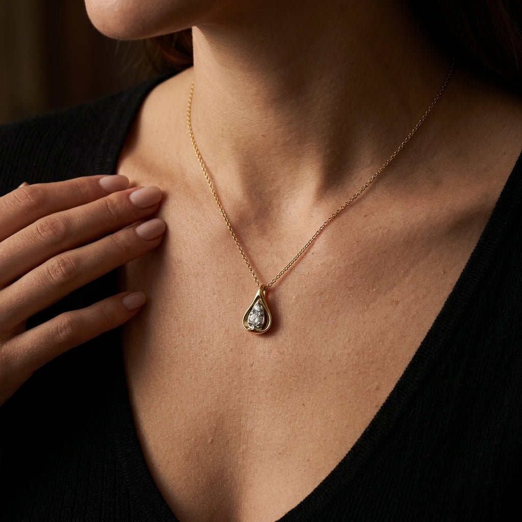 Gabriel & Co. Fiora - 14K White and Yellow Gold Diamond Teardrop Pendant Necklace .19CTW - worn lifestyle photo