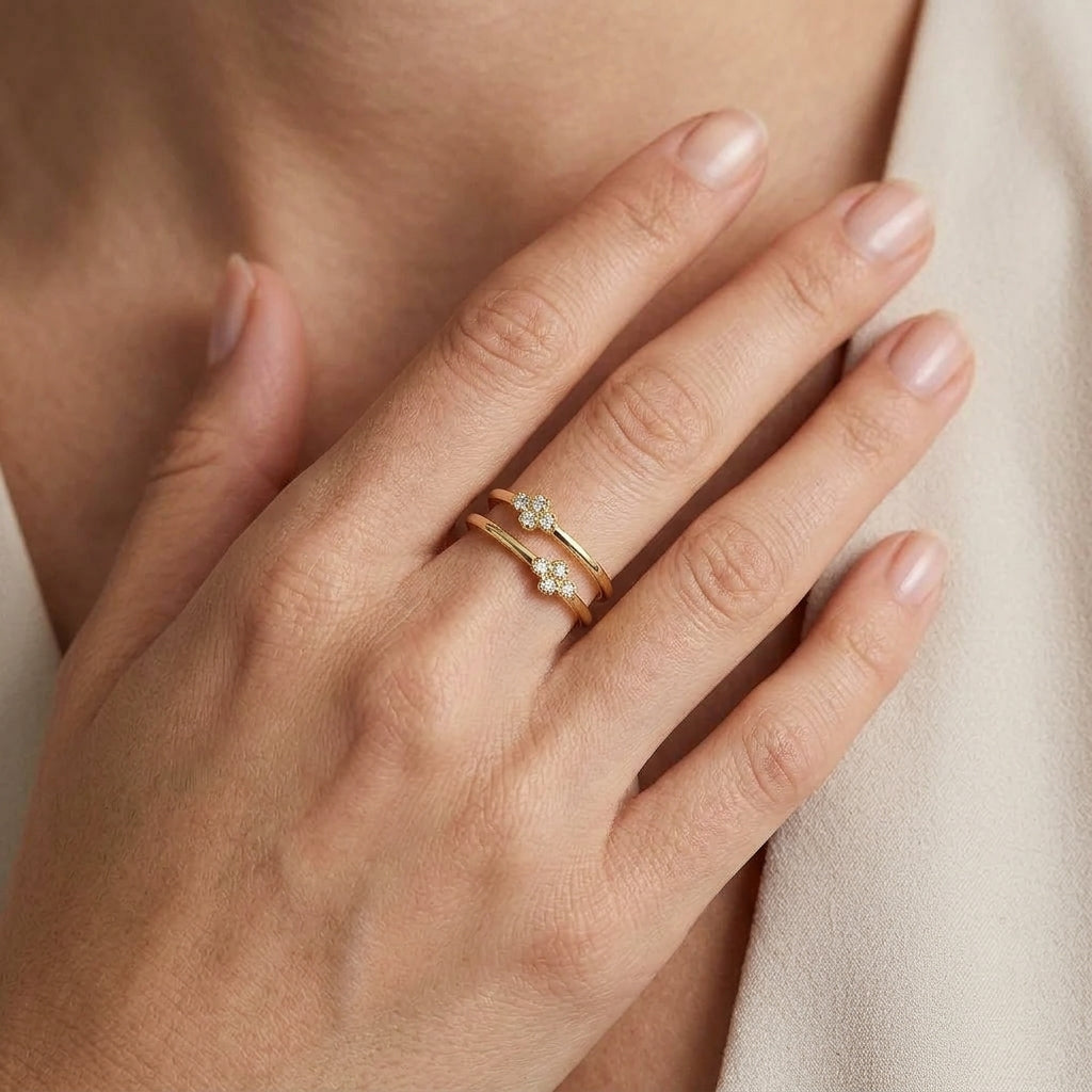 Gabriel & Co. 14K Yellow Gold Diamond Easy Stackable Ring SZ 6.5 .08CTW - worn lifestyle photo