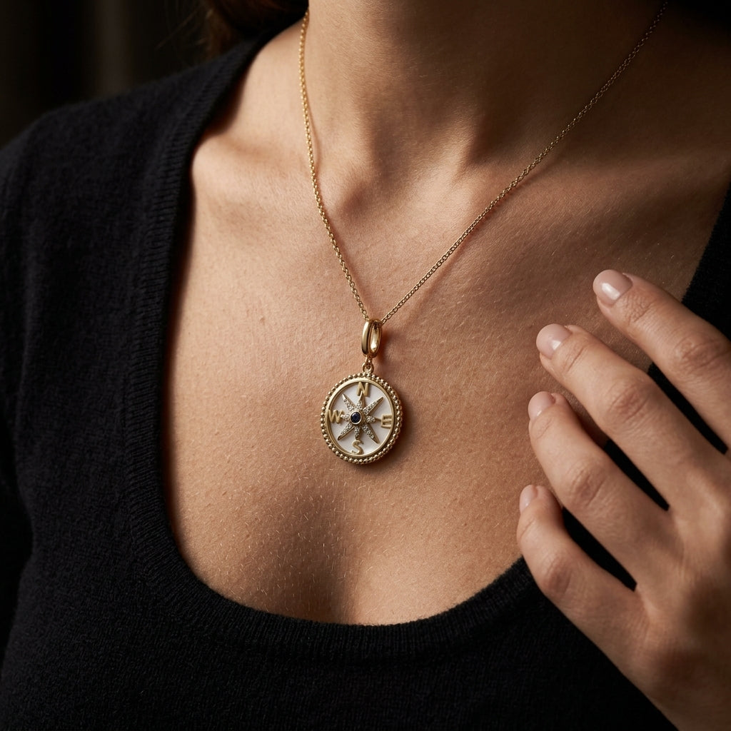 Gabriel & Co. 14K Yellow Gold 18mm Bujukan Diamond Compass Mother of Pearl Medallion Pendant - worn lifestyle photo