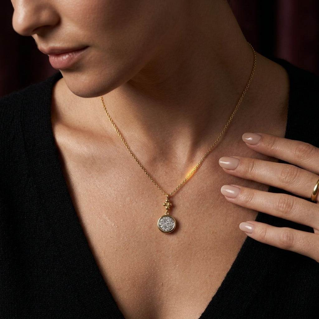 Gabriel & Co. 14K White and Yellow Gold Diamond Cluster Bujukan Drop Pendant Necklace .25CTW - worn lifestyle photo