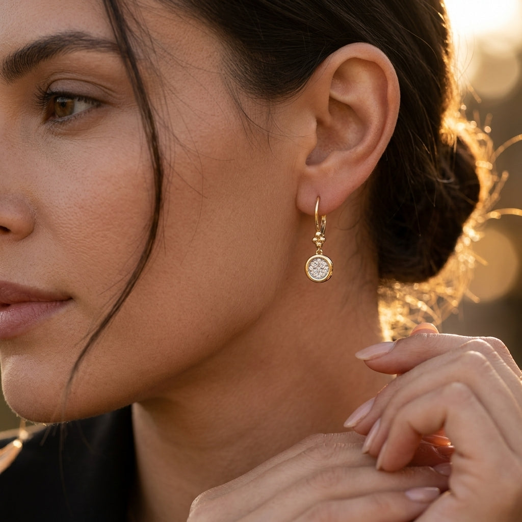 Gabriel & Co. 14K White and Yellow Gold Diamond Cluster Bujukan Lever Back Earrings .29CTW - worn lifestyle photo