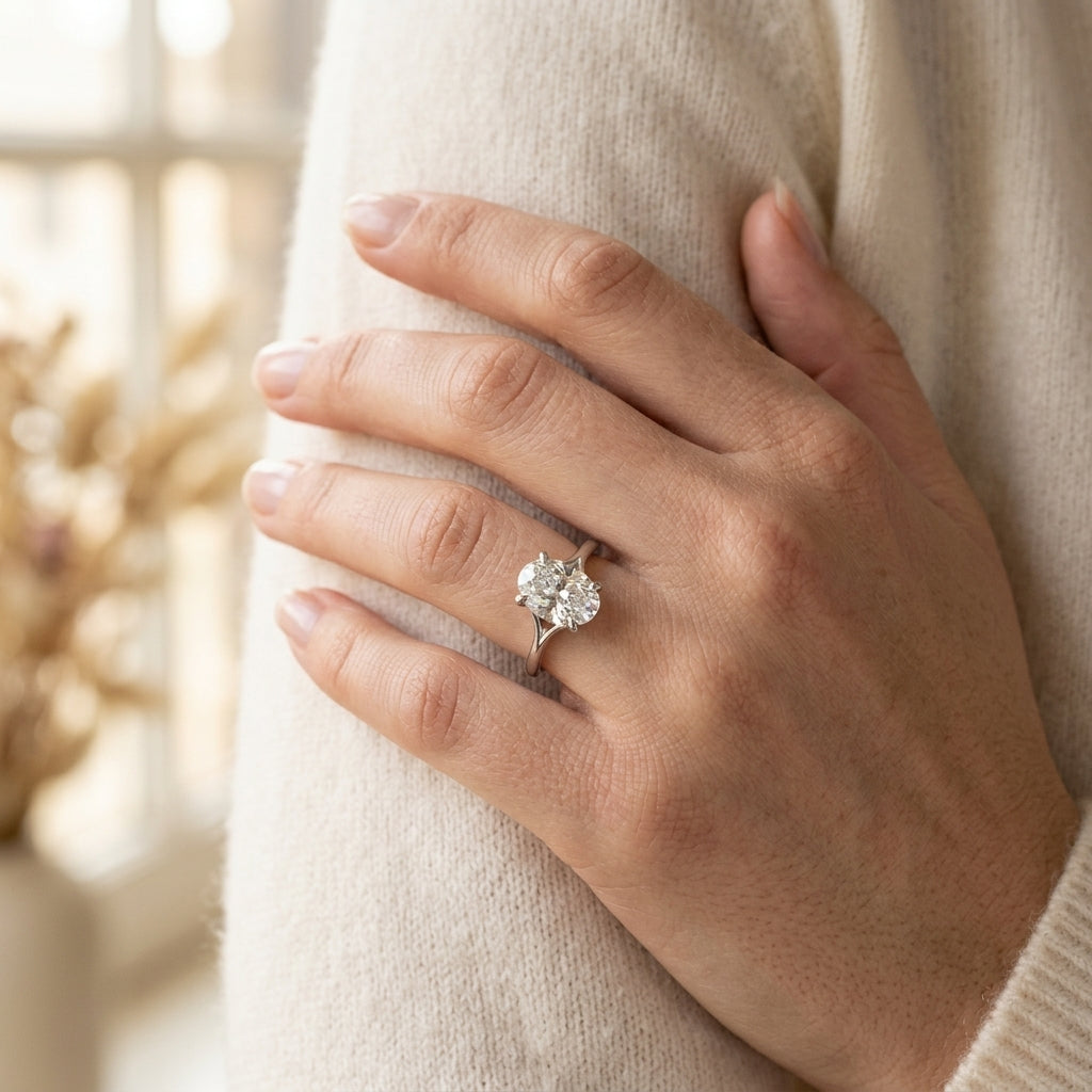 Gabriel & Co. Alden - 14K White Gold Split Shank Oval Diamond Engagement Ring .07CTW 10.5X7 - worn lifestyle photo