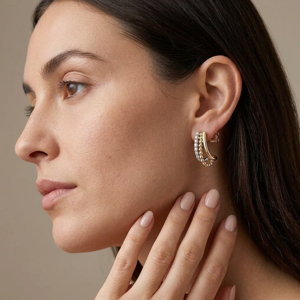 Gabriel & Co. 14K White Yellow Gold Bujukan Diamond 3 Row J Hoop Stud Earrings - worn lifestyle photo