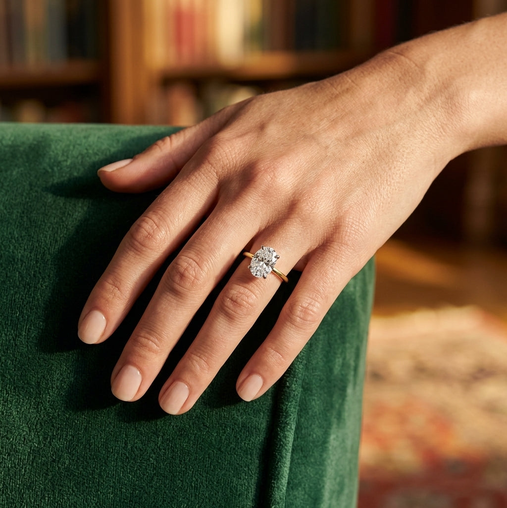 Gabriel & Co. Cari - 14K White-Yellow Gold Hidden Halo Oval Diamond Engagement Ring 11.5X7.5 .08CTW - worn lifestyle photo