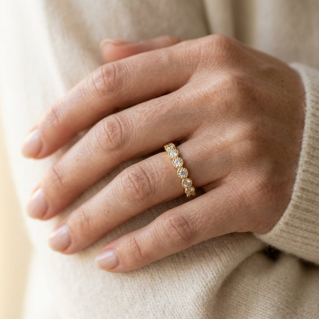 Gabriel & Co. 14K Yellow Gold Diamond Bezel Setting Stackable Ladies Ring .56CTW - worn lifestyle photo