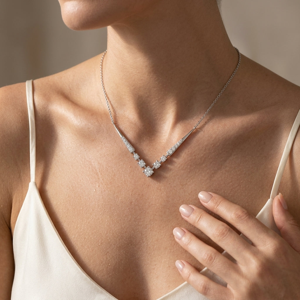 Gabriel & Co. 14K White Gold Diamond Chevron Necklace .42CTW - worn lifestyle photo