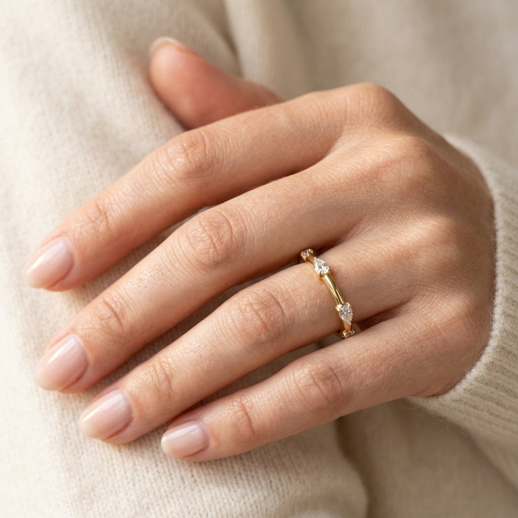 Gabriel & Co. 14K Yellow Gold Diamond Wedding Band 1/4CTW (WB16666O8Y44JJ) - worn lifestyle photo