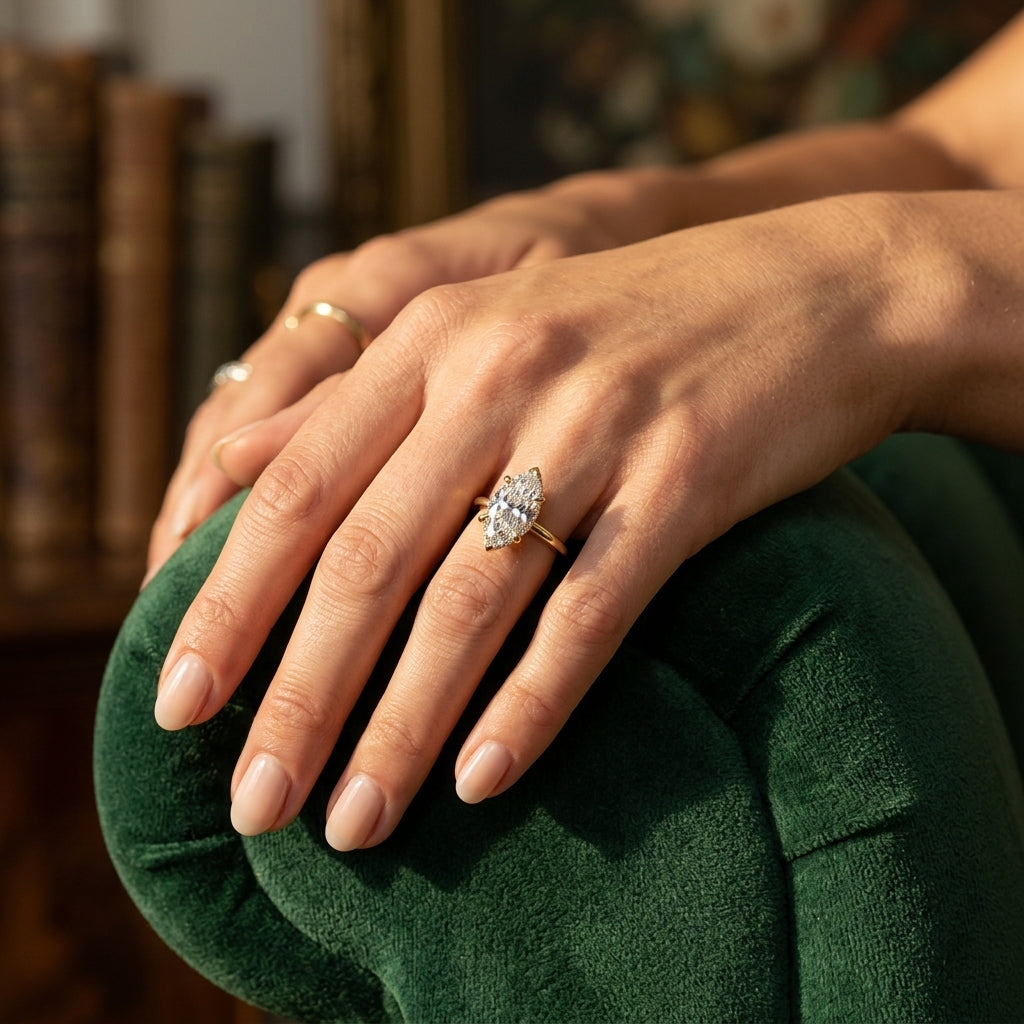 Gabriel & Co. Rainah 14K Yellow Gold Hidden Halo Marquise Diamond Engagement Ring 13x6.5 semi .15ctw - worn lifestyle photo