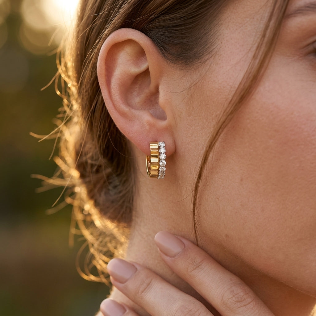 14K White Yellow Gold Diamond and Diamond Cut Huggie Earrings (GABRIEL) - worn lifestyle photo