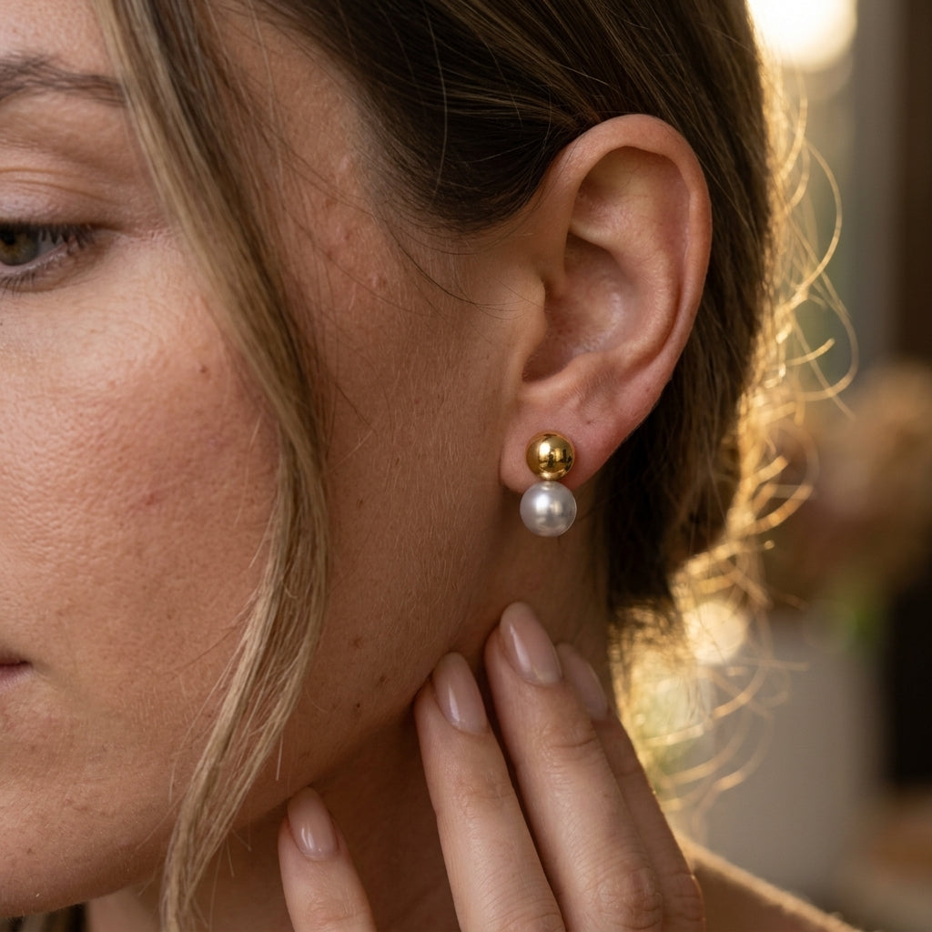 Gabriel & Co. 14K Yellow Gold Bujukan and Pearl Stud Earrings - worn lifestyle photo