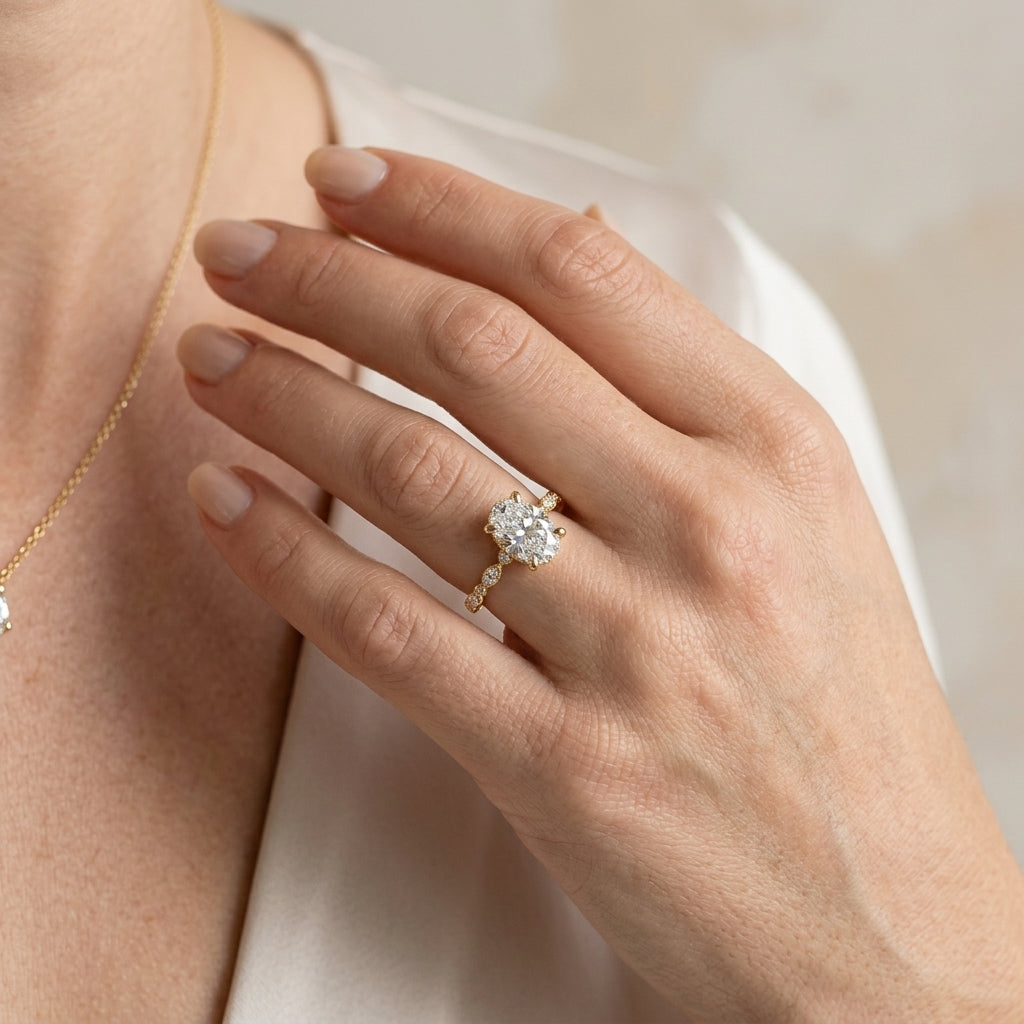 Gabriel & Co. Lanna - 14K Yellow Gold Diamond Engagement Ring 10.5X7 OVAL SEMI 1/3CTW - worn lifestyle photo