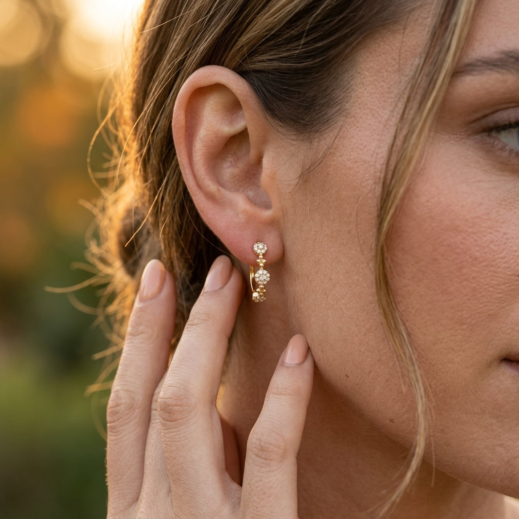 Gabriel & Co. 14K Yellow Gold Bujukan Diamond Cluster Classic Hoop Earrings .53ctw - worn lifestyle photo