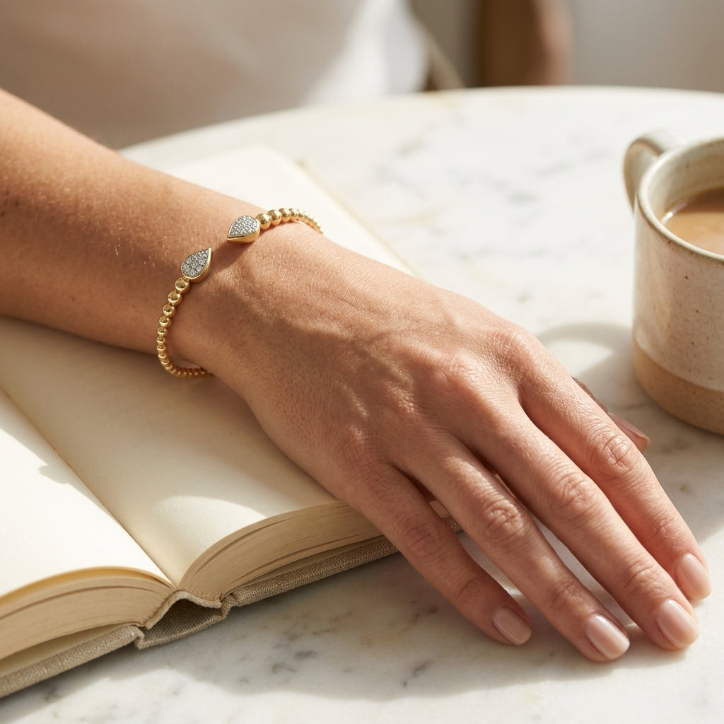 Gabriel & Co. 14K Yellow Gold Bujukan Pave Diamond Split Bangle Bracelet .26CTW SZ 5.75 - worn lifestyle photo