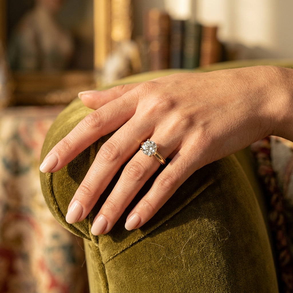 Gabriel & Co. Rosey - 14K Yellow Gold Round Diamond Engagement Ring .34CTW 8MM SEMI - worn lifestyle photo