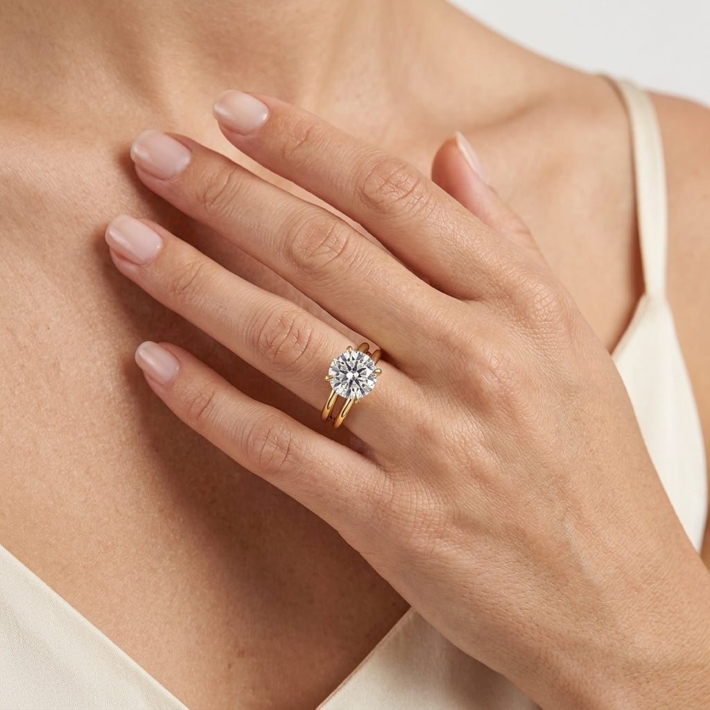 Gabriel & Co. Oksana - 14K Yellow Gold Round Diamond Engagement Ring 9MM SEMI 1/10CTW - worn lifestyle photo