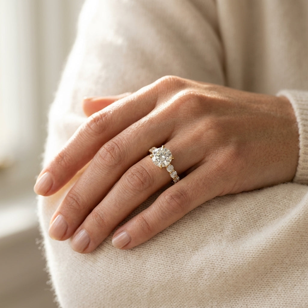 Gabriel & Co. Silvey - 14K Yellow Gold Round Single Prong Diamond Engagement Ring 9mm 3/4ctw - worn lifestyle photo