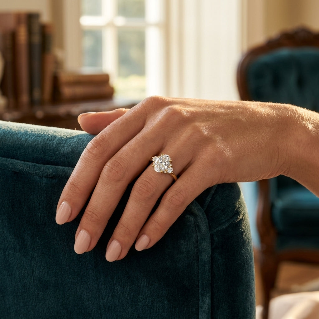 Gabriel & Co. Mattie - 14K Yellow Gold Oval Lotus Diamond Engagement Ring 10.5X7 1/2CTW - worn lifestyle photo