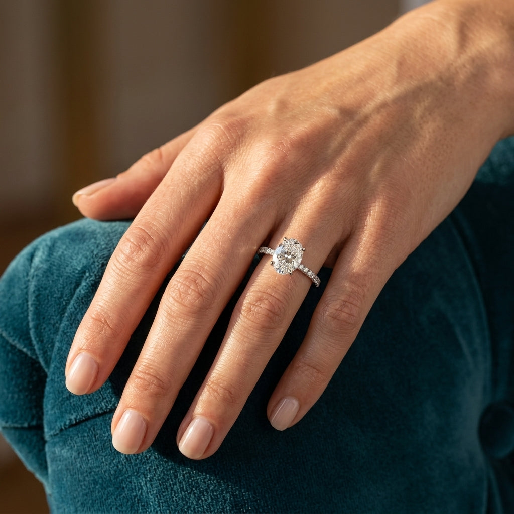 Oval Hidden Halo Engagement Ring - worn lifestyle photo