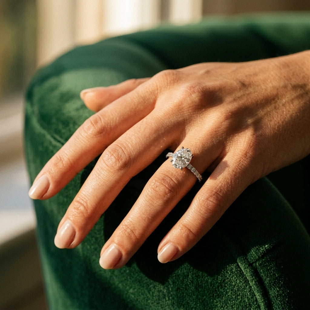 Oval Hidden Halo Engagement Ring, Diamond Band - worn lifestyle photo