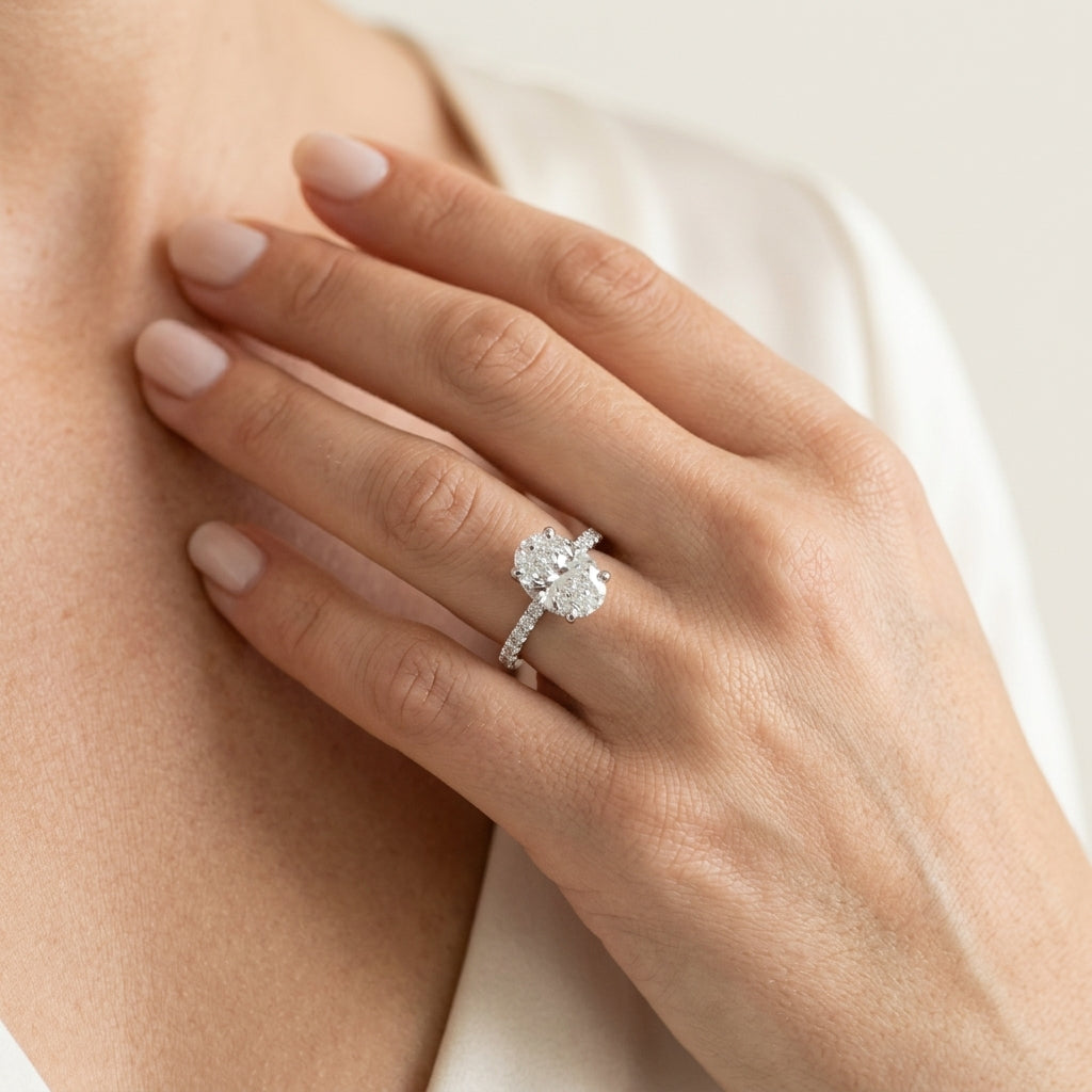 Hidden Halo Oval Engagement Ring - worn lifestyle photo
