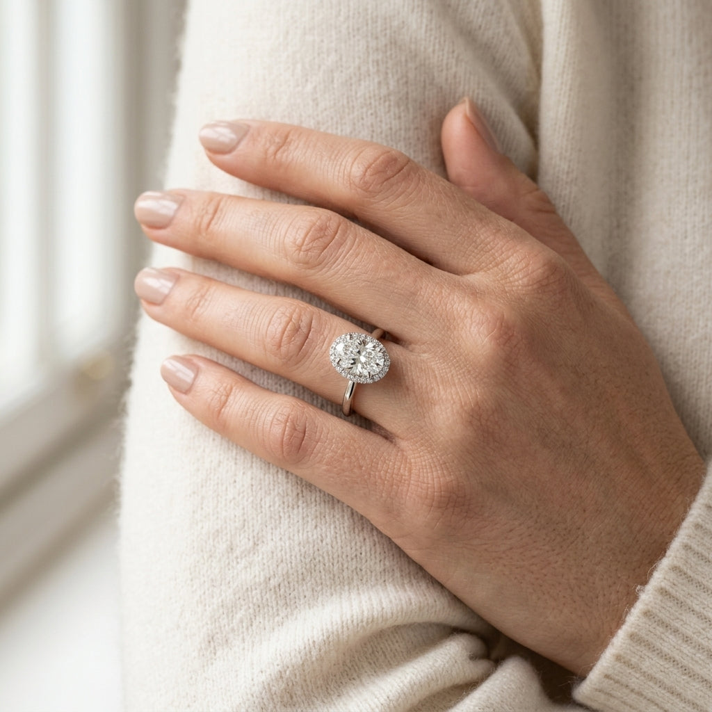 Hidden Halo Oval Engagement Ring - worn lifestyle photo