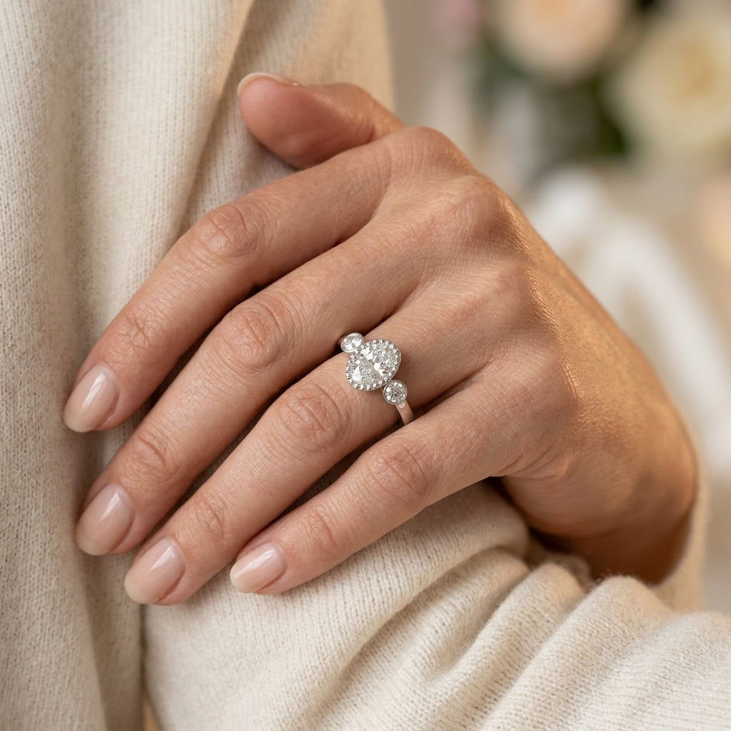 3-Stone Bezel Set Oval Engagement Ring - worn lifestyle photo