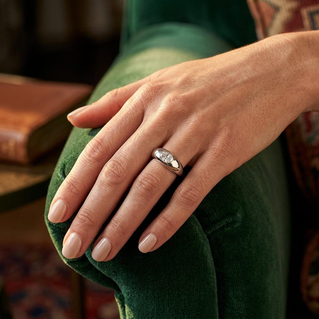 Domed Bezel Set Oval Engagement Ring - worn lifestyle photo