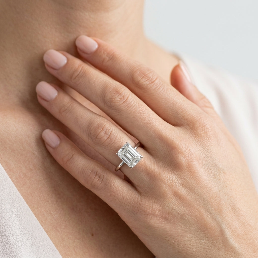 Emerald Cut Hidden Halo Engagement Ring - worn lifestyle photo