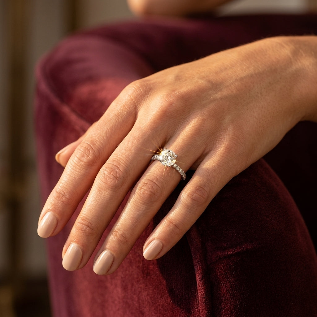 Round Hidden Halo Engagement Ring - worn lifestyle photo