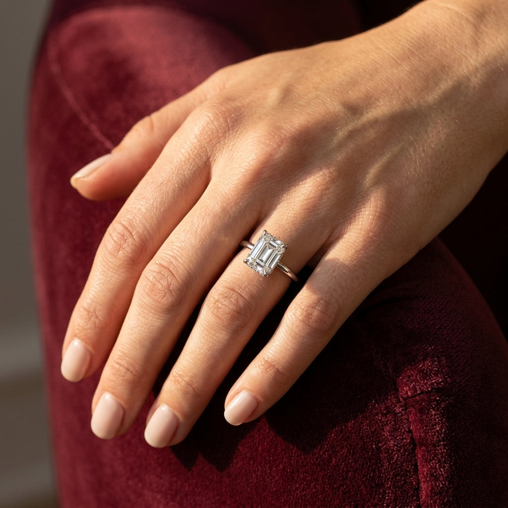 Hidden Halo Emerald Cut Engagement Ring - worn lifestyle photo