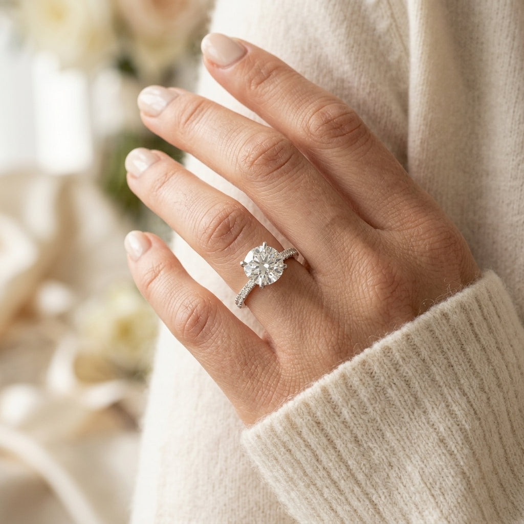 Round Hidden Halo Engagement Ring - worn lifestyle photo