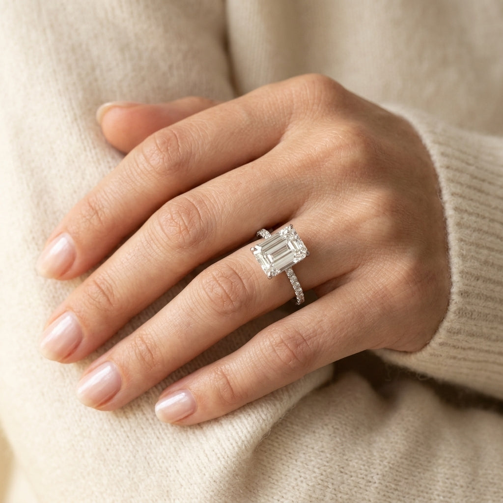 Emerald Cut Hidden Halo Engagement Ring - worn lifestyle photo