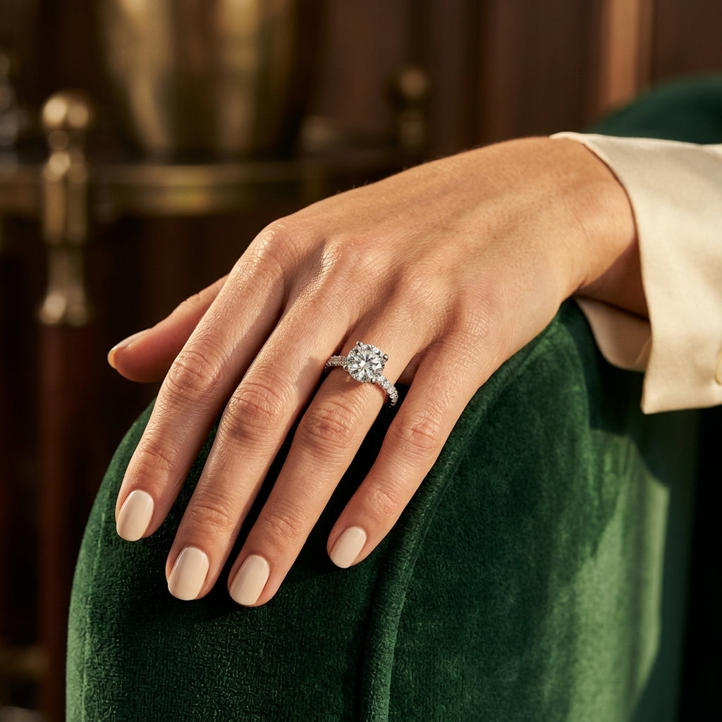 Round Hidden Halo Engagement Ring - worn lifestyle photo