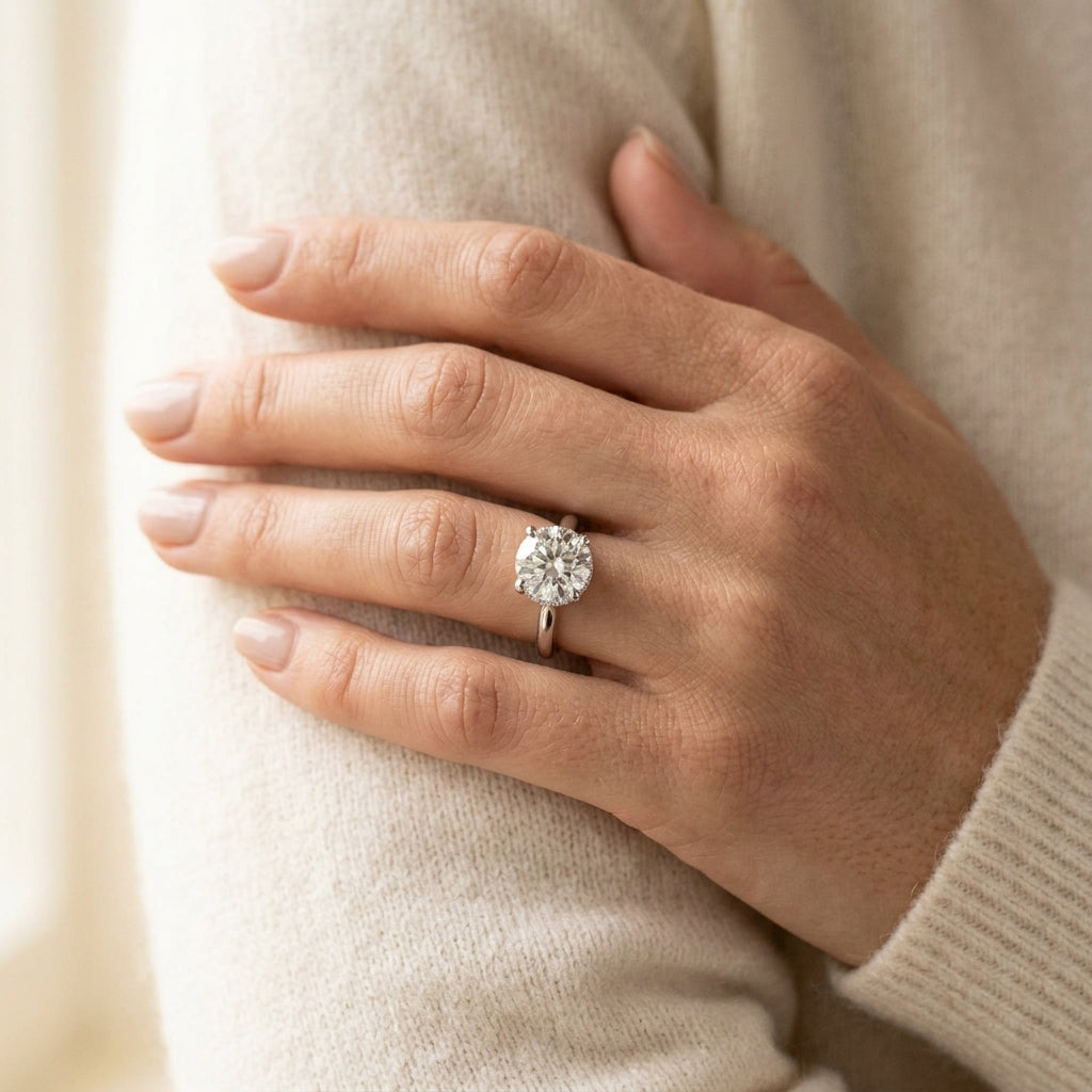 Round Hidden Halo Engagement Ring - worn lifestyle photo