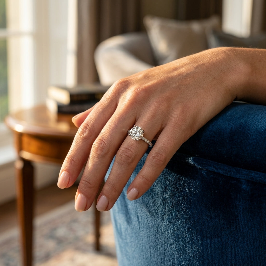 Single Row Hidden Halo Round Engagement Ring - worn lifestyle photo