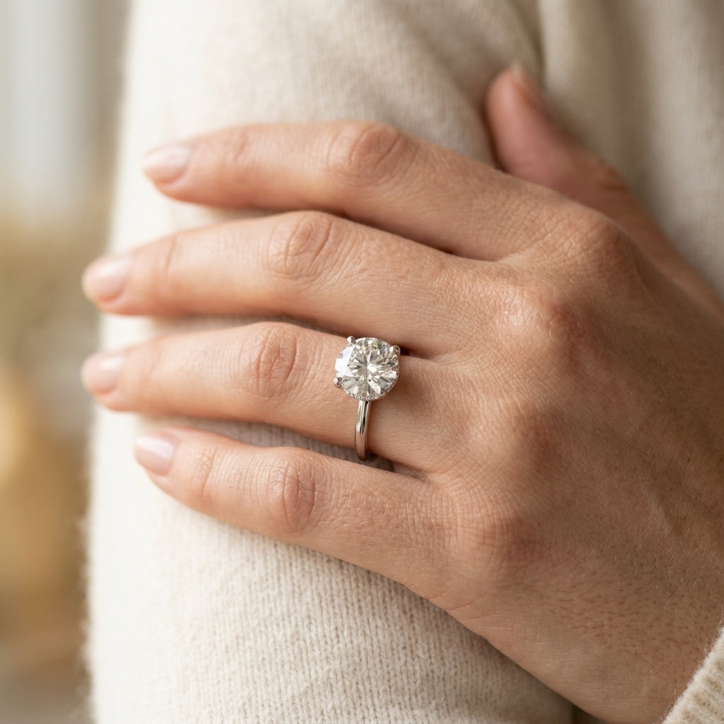 Round Hidden Halo Engagement Ring - worn lifestyle photo