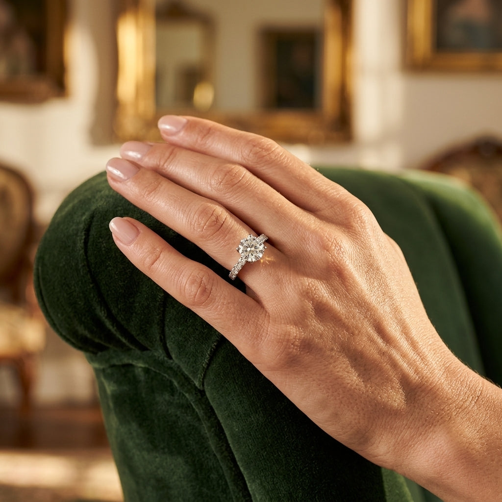 Hidden Halo Round Engagement Ring - worn lifestyle photo