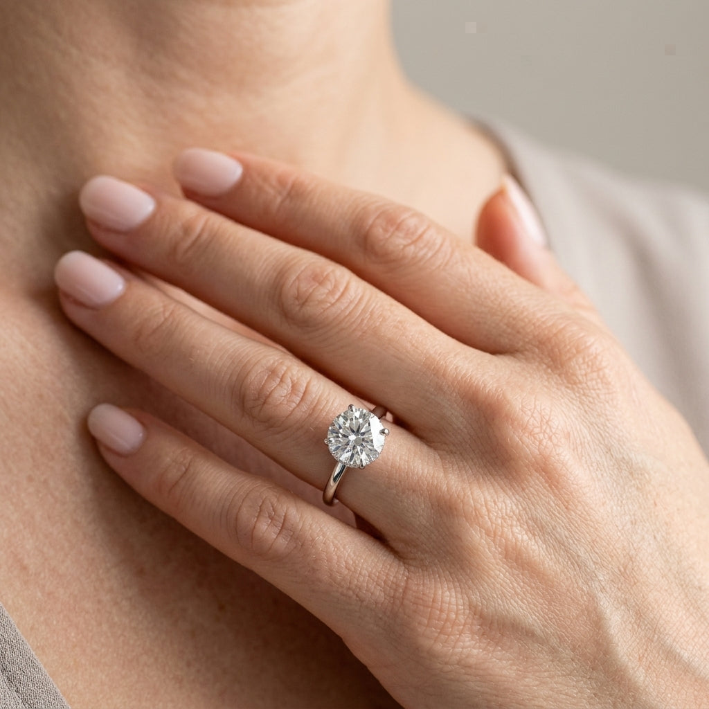 Round Hidden Halo Engagement Ring - worn lifestyle photo
