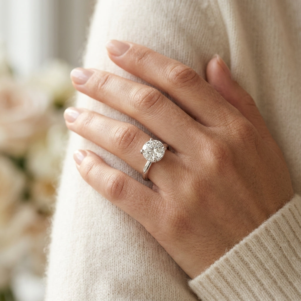 Double Hidden Halo Round Engagement Ring - worn lifestyle photo