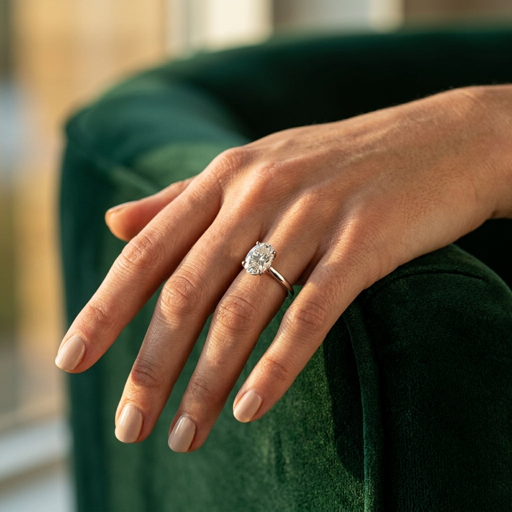 Solitaire Oval Engagement Ring - worn lifestyle photo